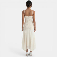 Vestido Midi Beige Bordado Mujer