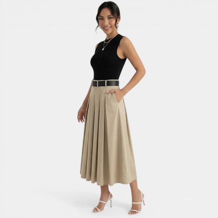Pleated Black and Brown Midi Dress
