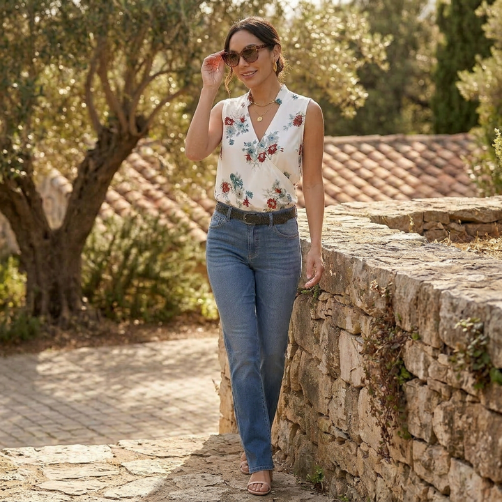 Top Mujer Verano Cuello V Estampado