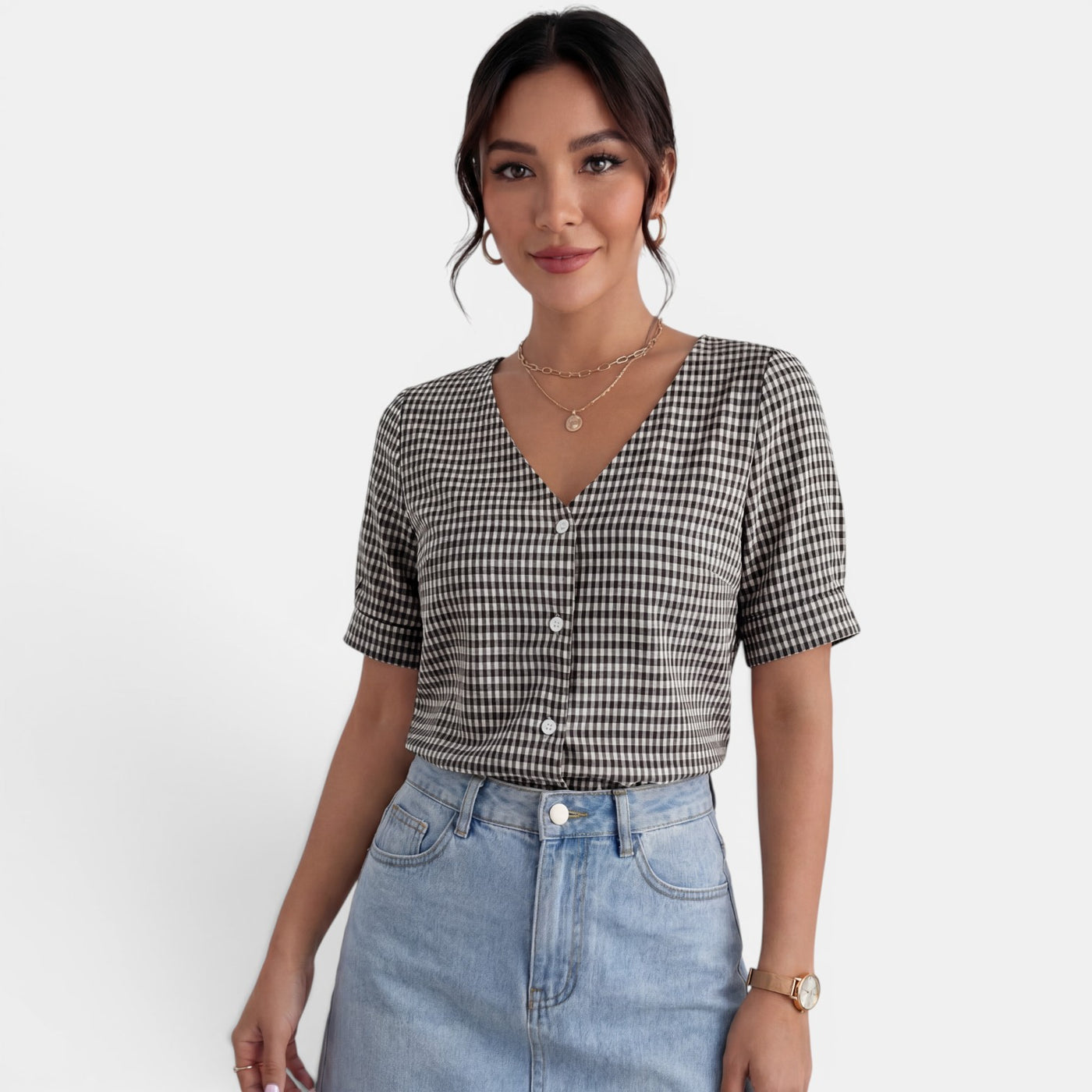 Blusa Mujer Cuadros Cuello V