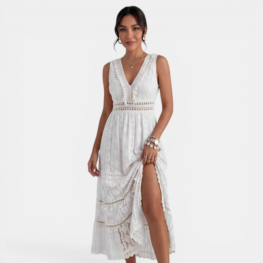 Vestido Maxi Boho Encaje Mujer Cuello V
