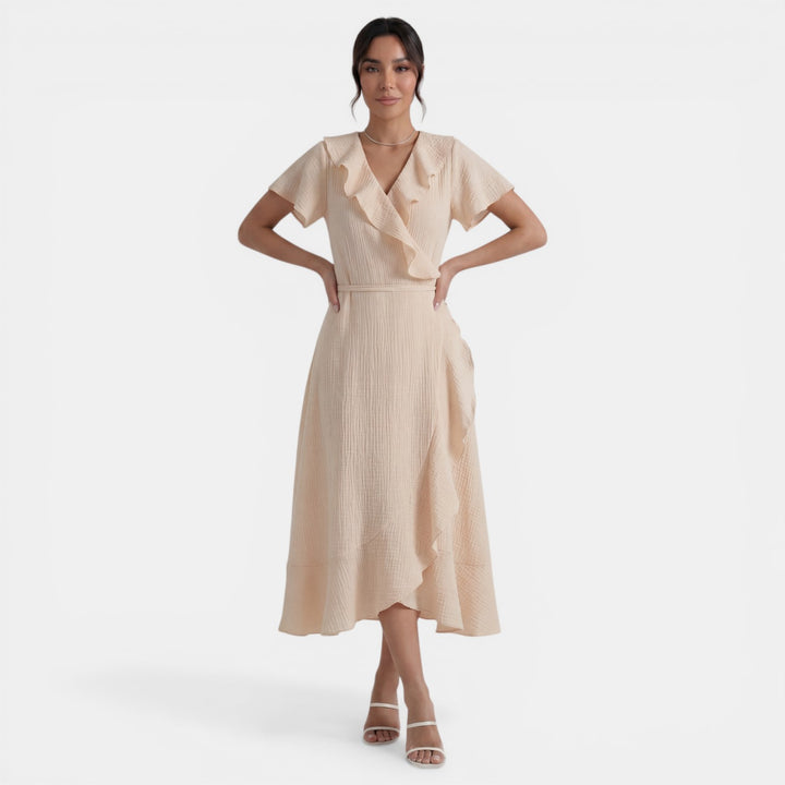 Vestido Largo Mujer Cuello V con Volantes