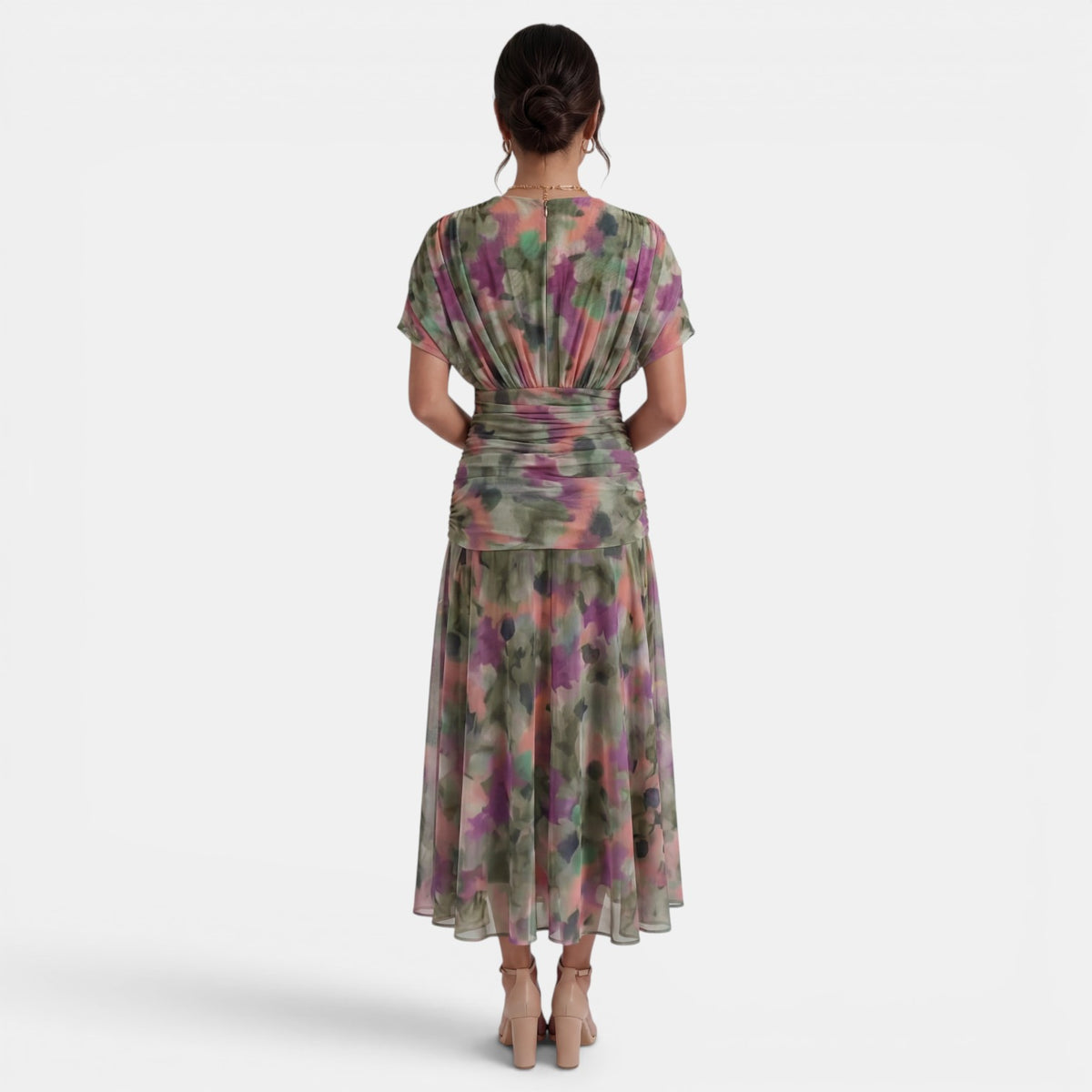 Women's Printed Chiffon V-Neck Maxi Dress - Short Sleeve, Flowy