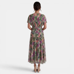 Women's Printed Chiffon V-Neck Maxi Dress - Short Sleeve, Flowy