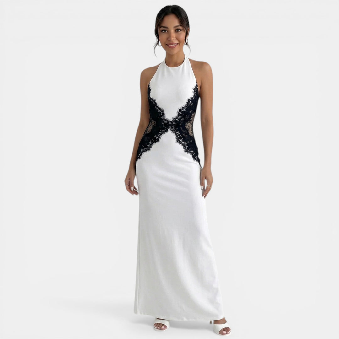 Vestido Maxi Halter Blanco y Negro