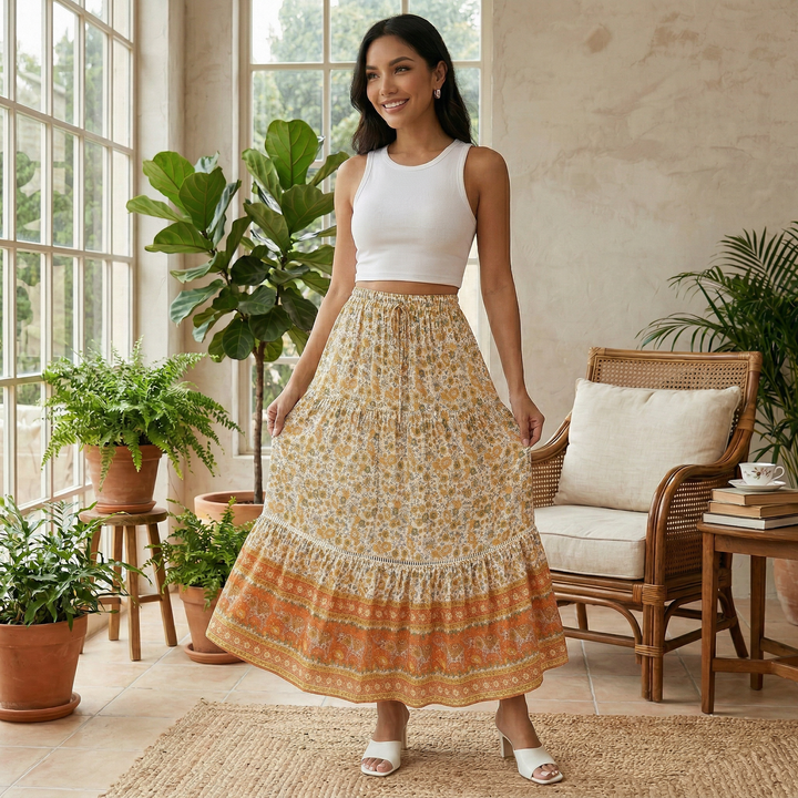 Falda Larga Boho Encaje Floral