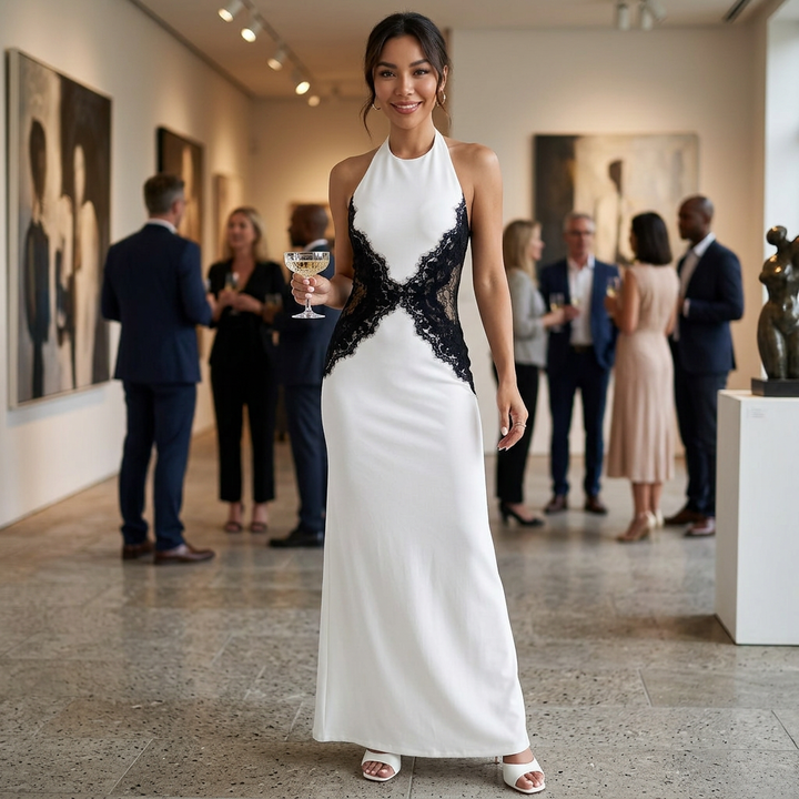 Vestido Maxi Halter Blanco y Negro