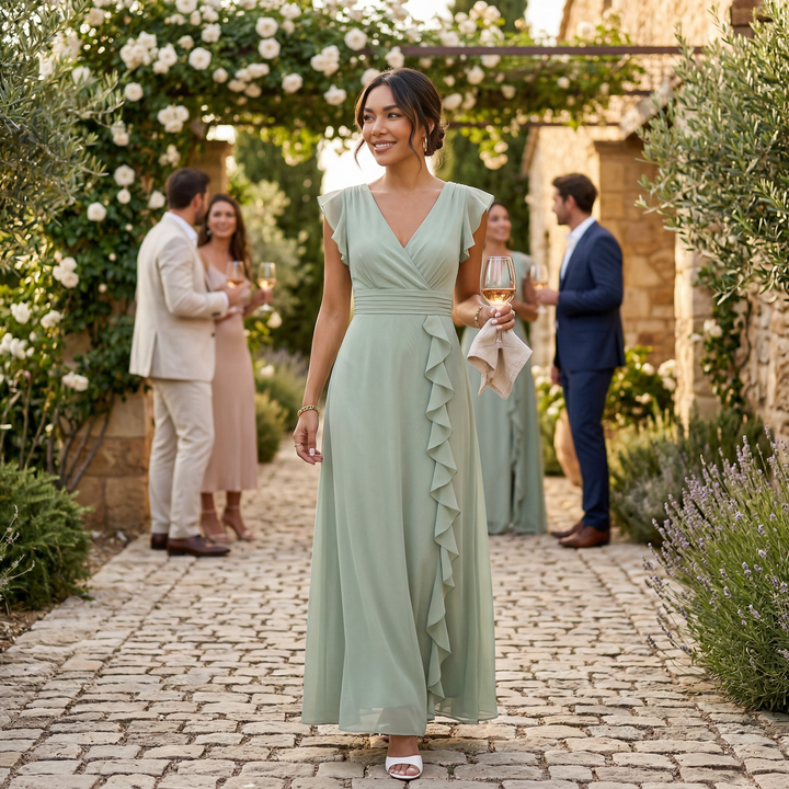 Vestido Verde Maxi Plisado Escote V