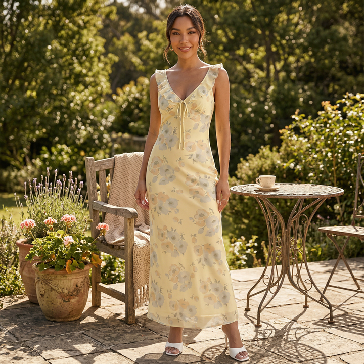 Vestido Maxi Amarillo Floral Mujer