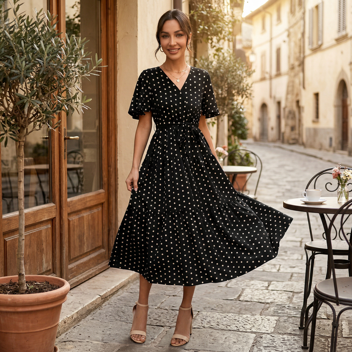 Vestido Midi Lunares Mujer Cuello V