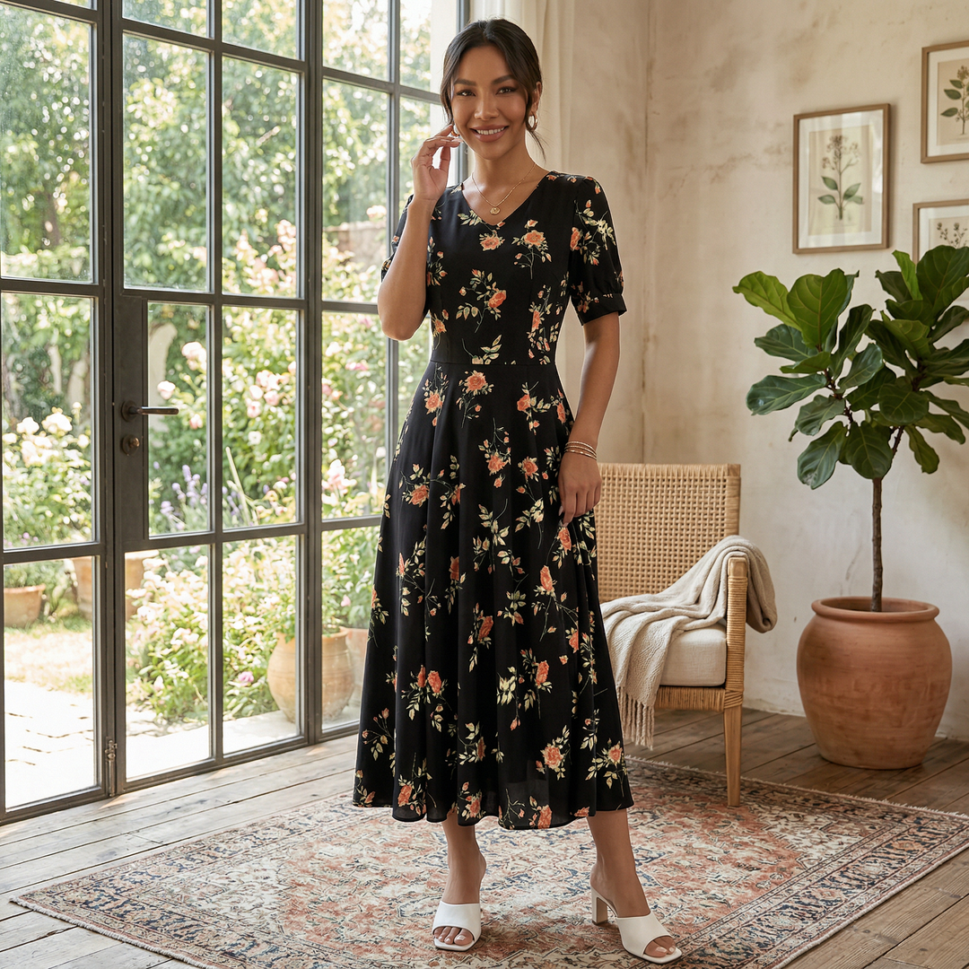 Vestido Midi Satinado Negro Mujer