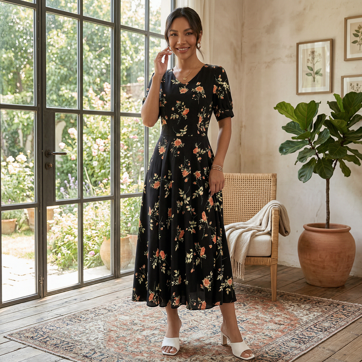 Vestido Midi Satinado Negro Mujer
