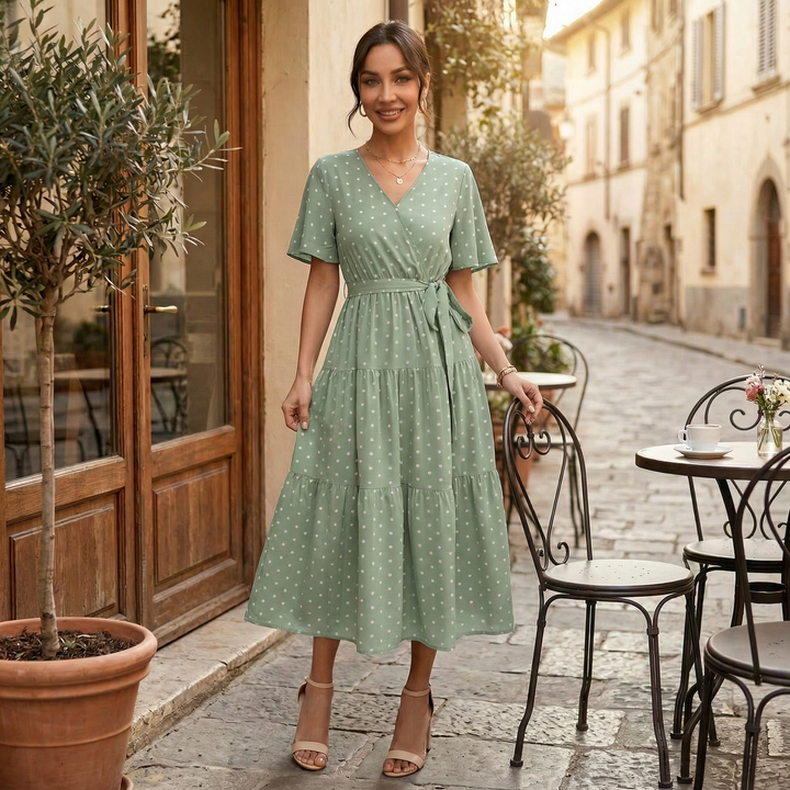 Vestido Midi Lunares Mujer Cuello V