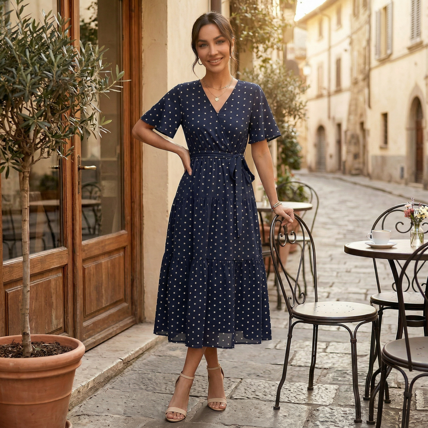 Women's V-Neck Polka Dot Midi Dress