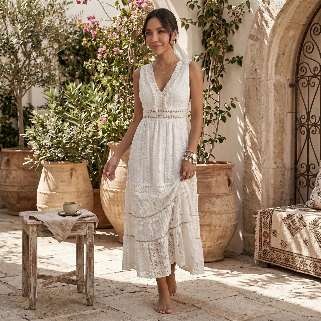 Vestido Maxi Boho Encaje Mujer Cuello V