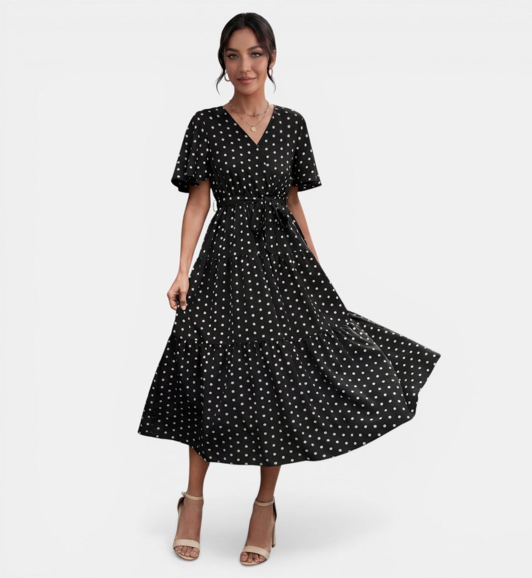 Vestido Midi Lunares Mujer Cuello V