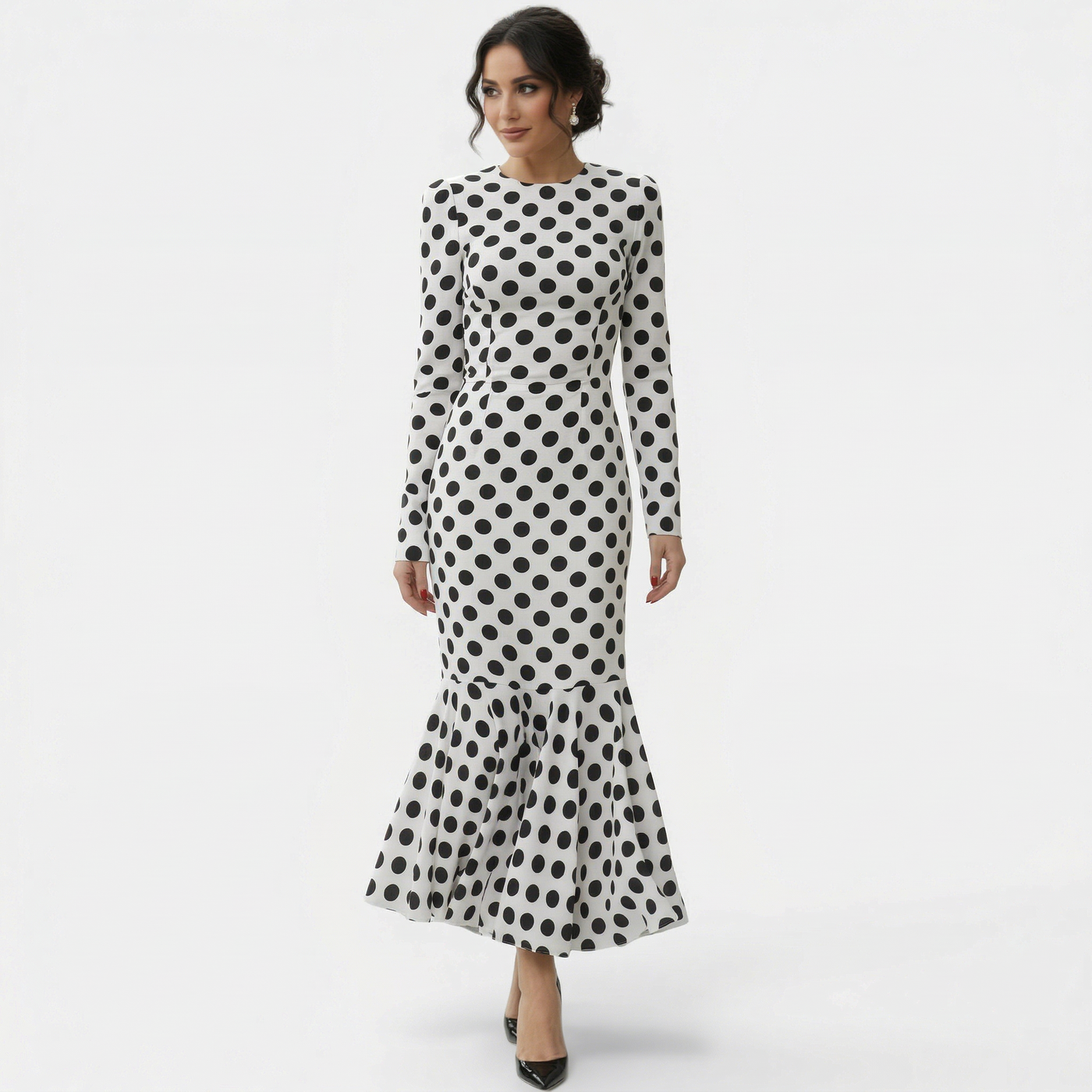 Women's Polka Dot Midi Dress, Fitted, Elegant Design