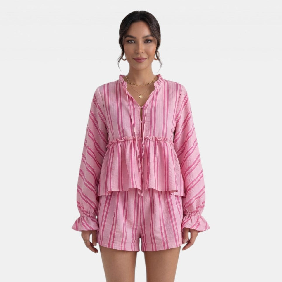 Conjunto Mujer Blusa Rayas con Lazo y Manga Farol