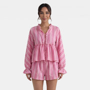 Conjunto Mujer Blusa Rayas con Lazo y Manga Farol