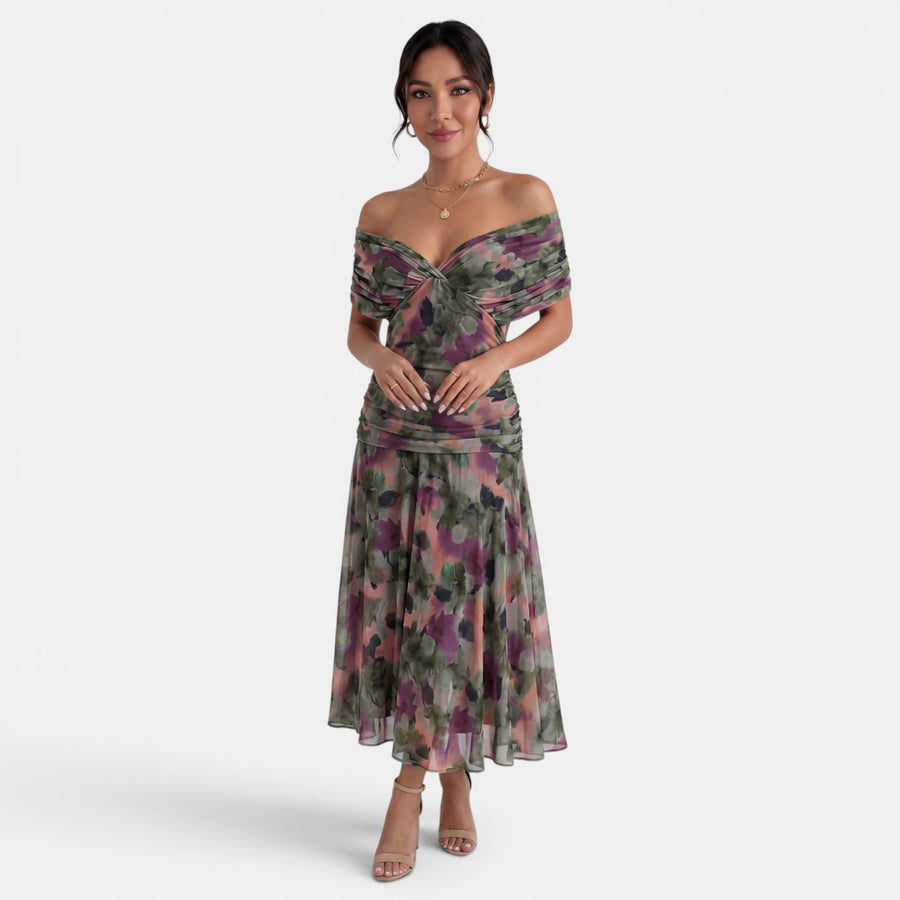 Vestido Maxi Mujer Gasa Estampado Cuello V