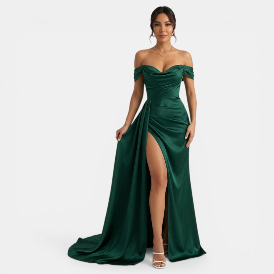 Vestido de Fiesta Off-Shoulder con Abertura Alta