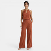 Women's Linen Cutout Halter Top and Wide-Leg Pants Set