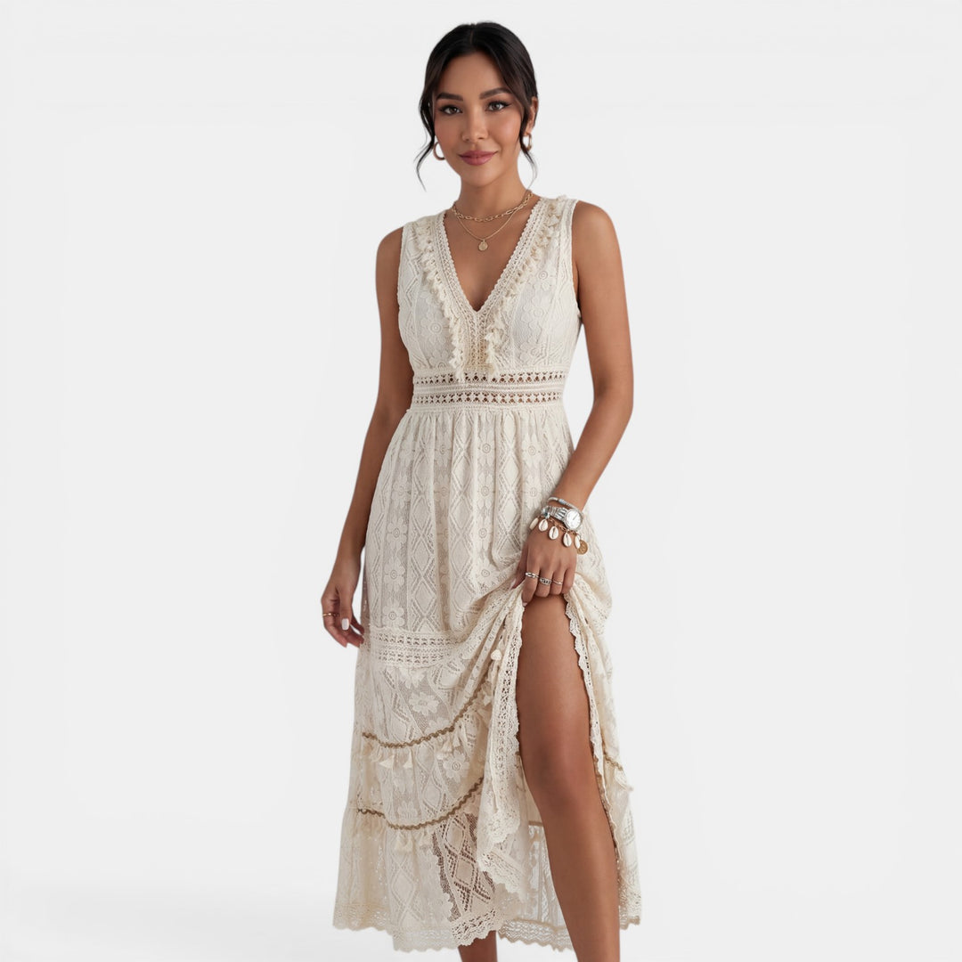 Vestido Maxi Boho Encaje Mujer Cuello V
