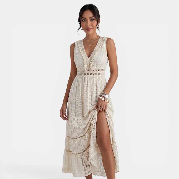 Vestido Maxi Boho Encaje Mujer Cuello V