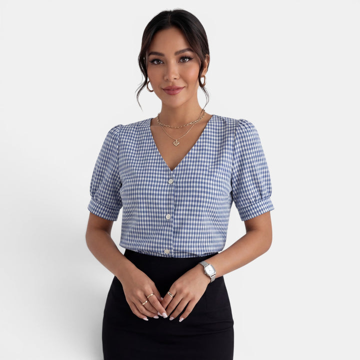 Blusa Mujer Cuadros Cuello V