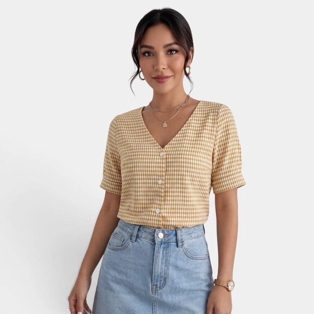 Blusa Mujer Cuadros Cuello V