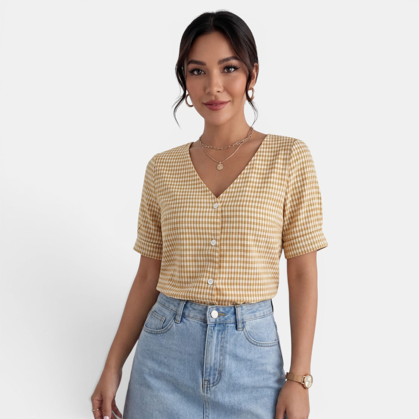 Blusa Mujer Cuadros Cuello V
