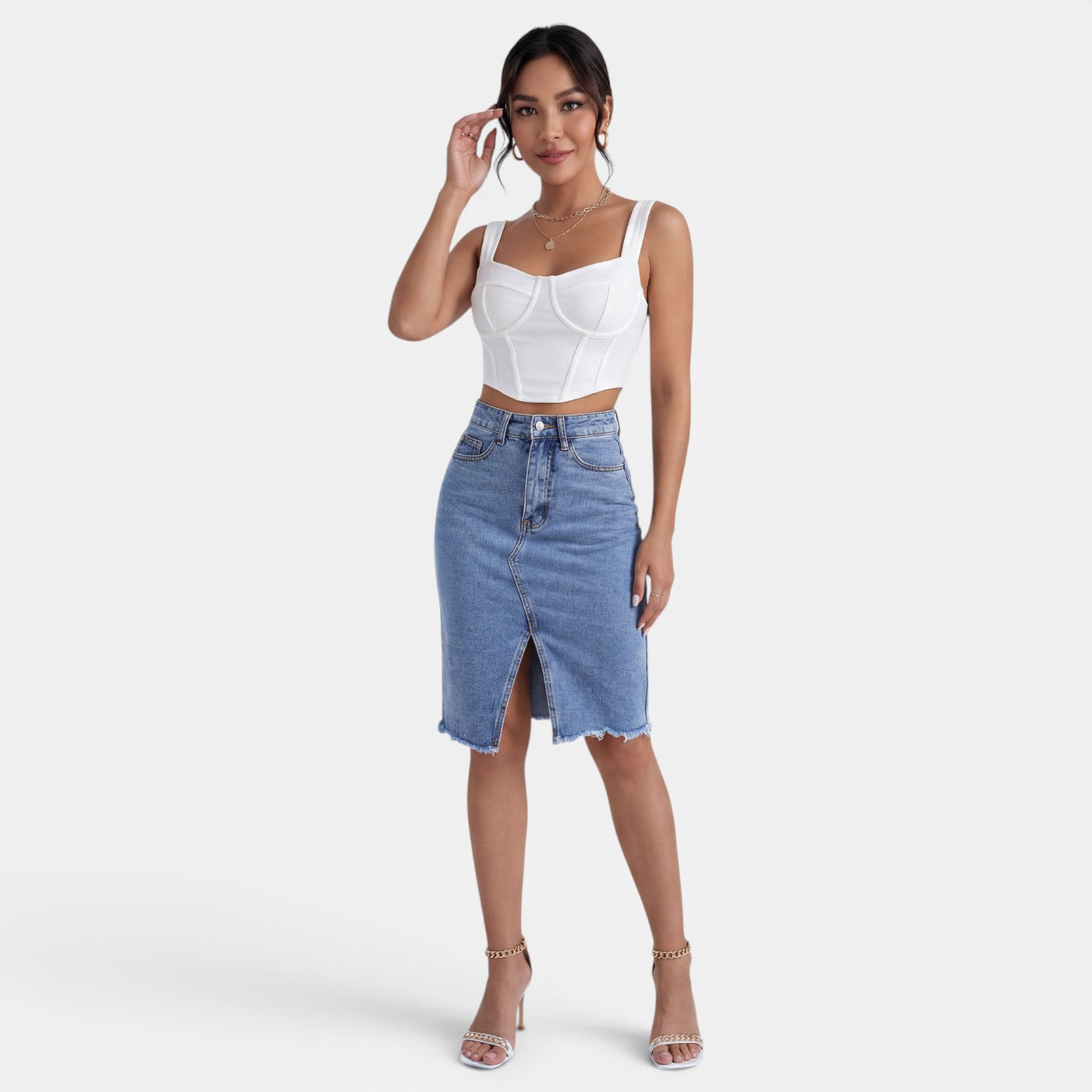 Women's High-Waisted Denim Midi Skirt