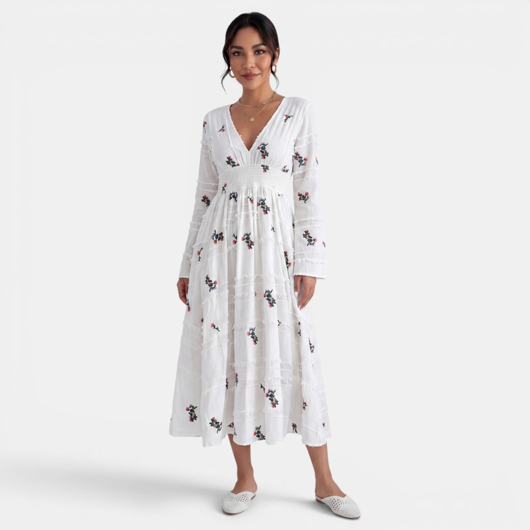 Vestido Midi Blanco Floral Mujer