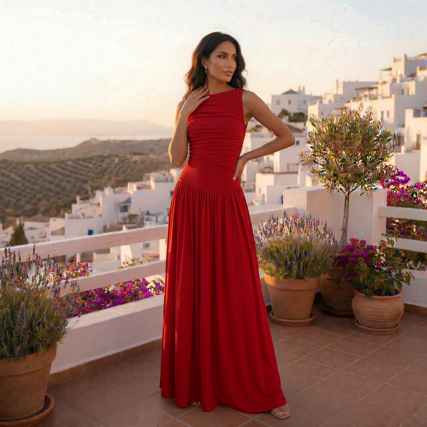Women's Elegant Solid Color Sleeveless Pleated Bodycon Dress
