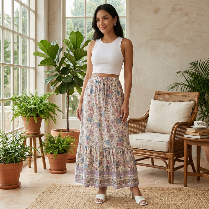 Falda Larga Boho Encaje Floral