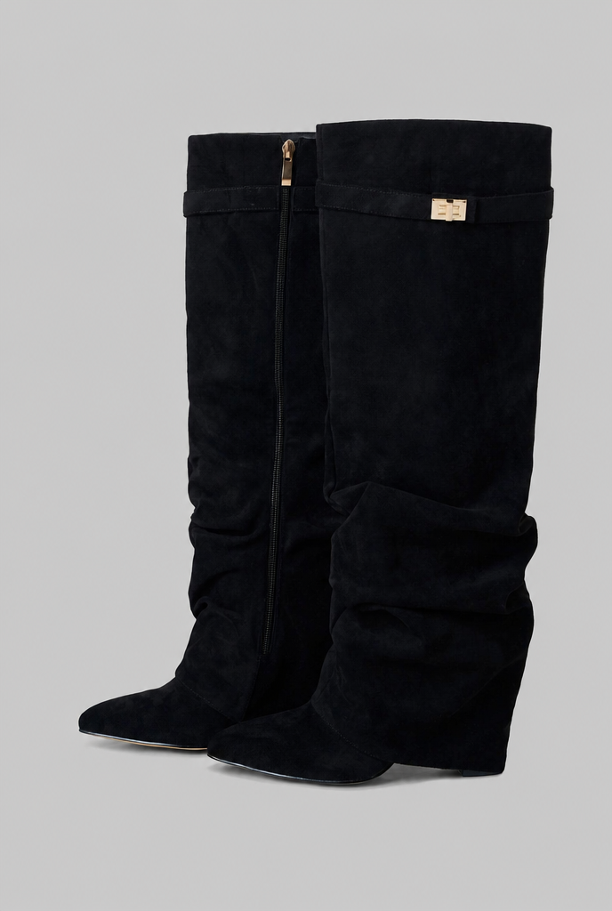 Botas Mujer Slouchy de Ante Punta Fina con Hebilla Dorada