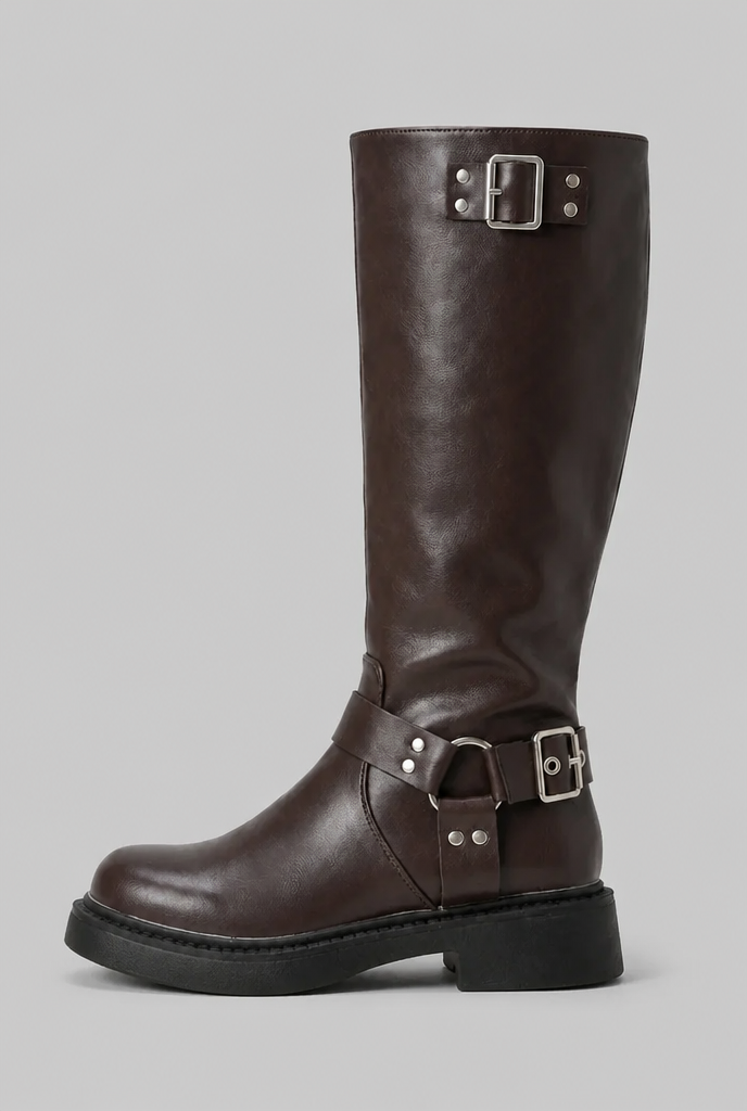 Botas Biker Mujer Altas de Piel con Correa y Hebilla