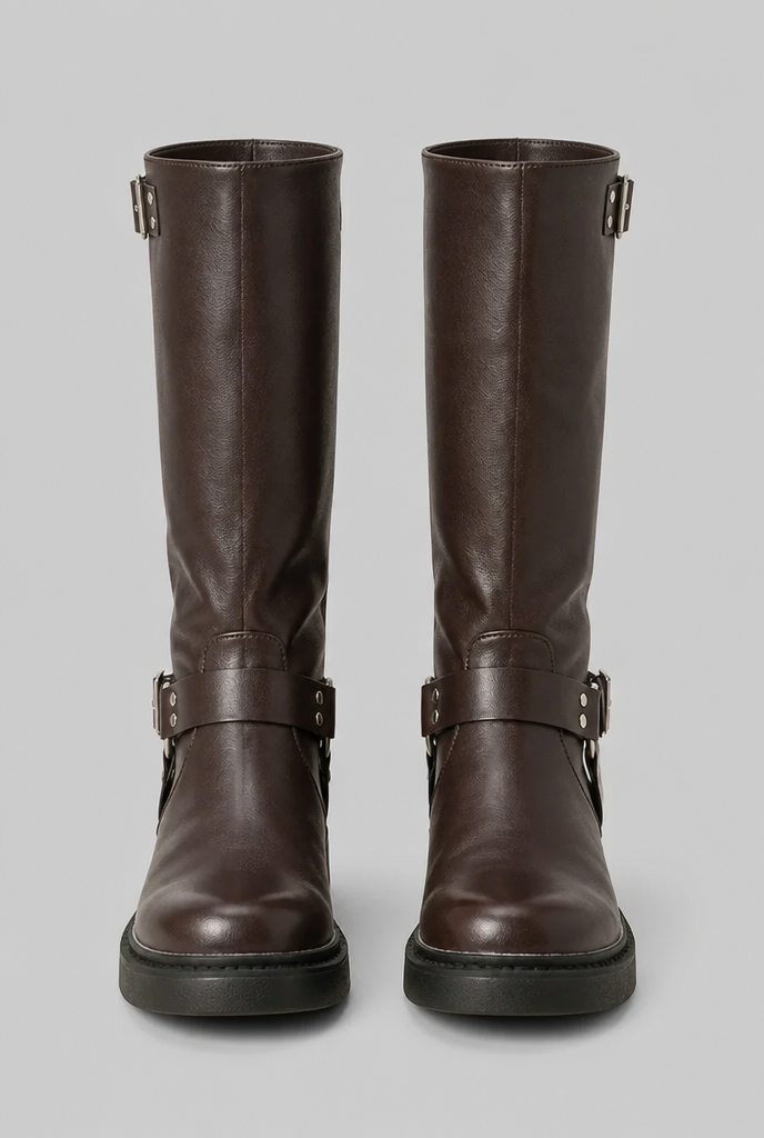 Botas Biker Mujer Altas de Piel con Correa y Hebilla