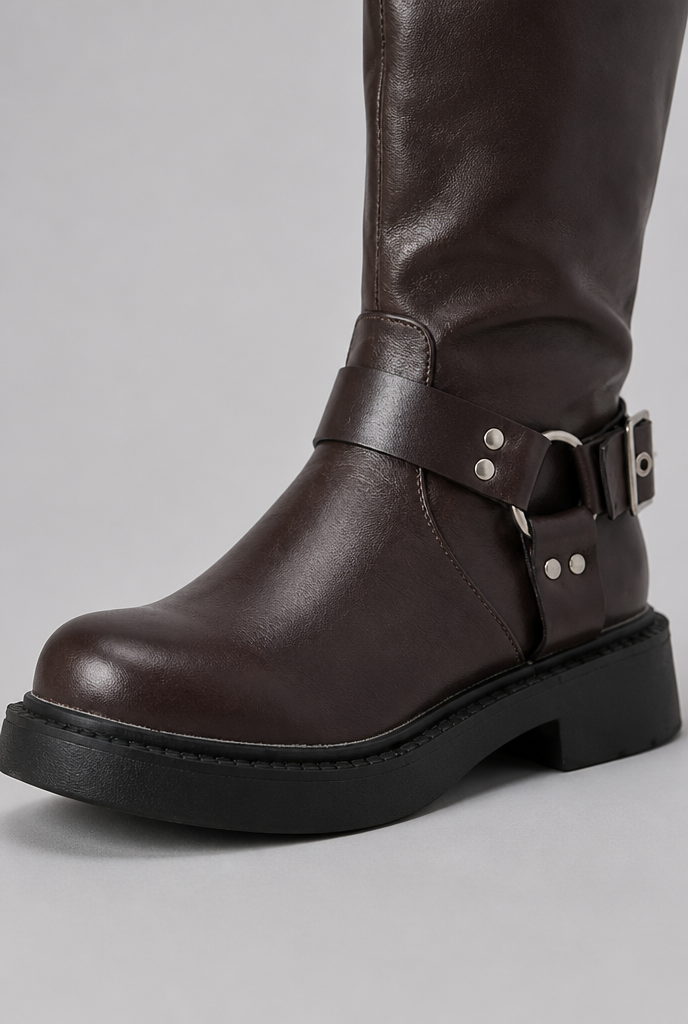 Botas Biker Mujer Altas de Piel con Correa y Hebilla