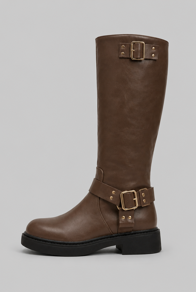 Botas Biker Mujer Altas de Piel con Correa y Hebilla