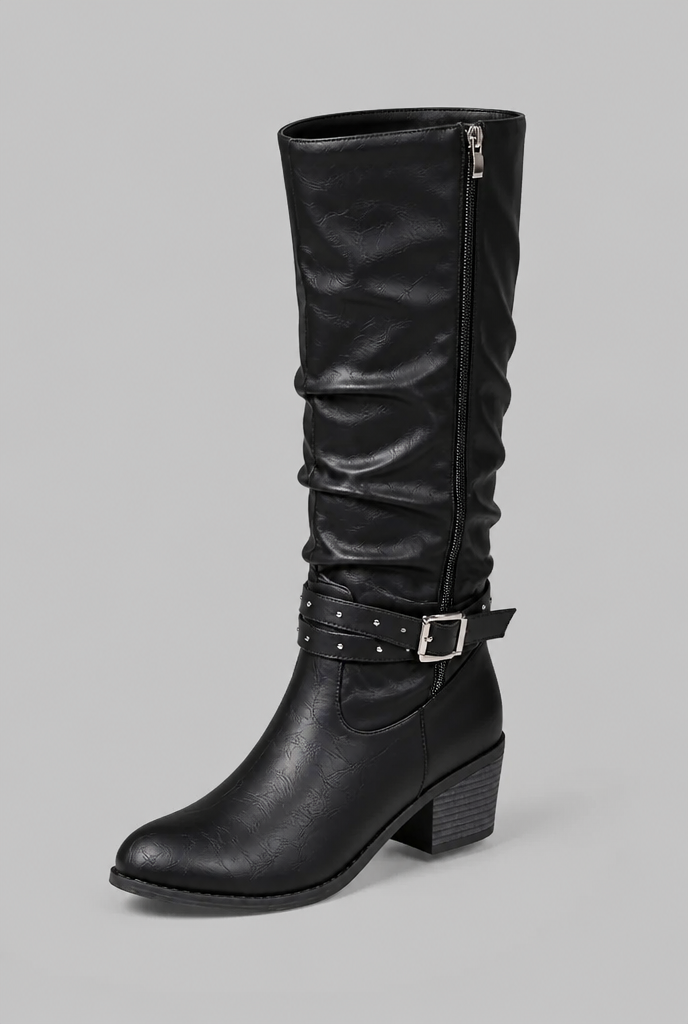 Botas Mujer Slouchy Efecto Piel Craquelada Hebillas con Tachuelas