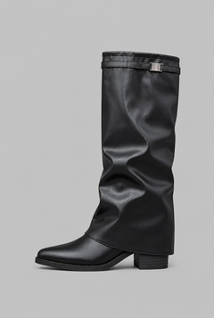 Women's Faux Leather Knee High Boots - Fold-Over Cuff, Buckle