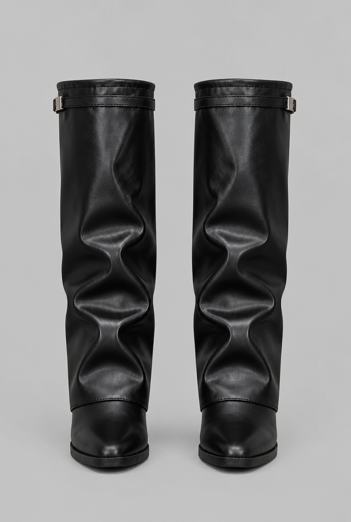 Women's Faux Leather Knee High Boots - Fold-Over Cuff, Buckle