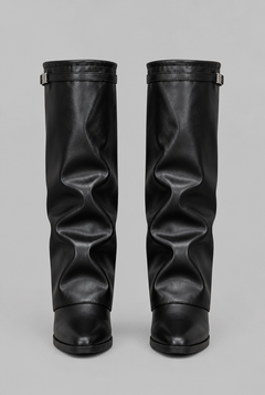 Women's Faux Leather Knee High Boots - Fold-Over Cuff, Buckle