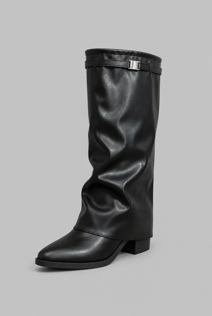 Women's Faux Leather Knee High Boots - Fold-Over Cuff, Buckle