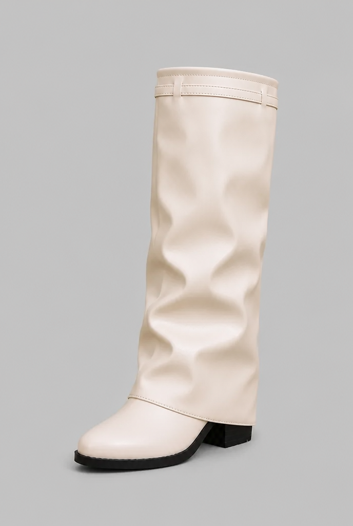 Women's Faux Leather Knee High Boots - Fold-Over Cuff, Buckle