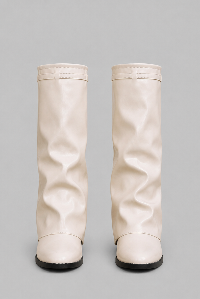 Women's Faux Leather Knee High Boots - Fold-Over Cuff, Buckle