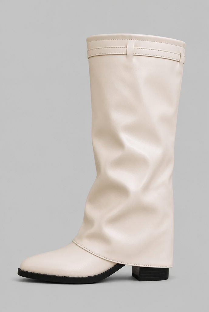 Women's Faux Leather Knee High Boots - Fold-Over Cuff, Buckle