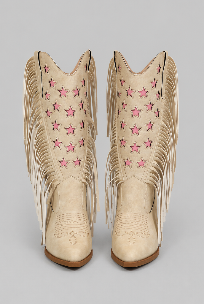 Women's Mid-Calf Fringe Cowboy Boots - Star Details