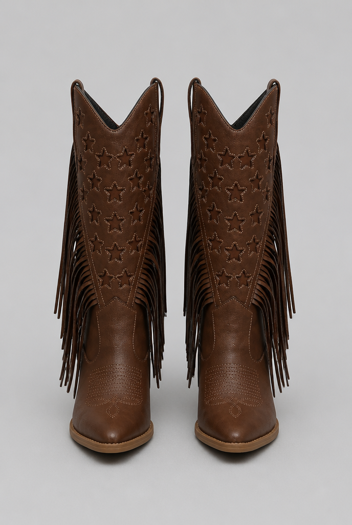 Women's Mid-Calf Fringe Cowboy Boots - Star Details
